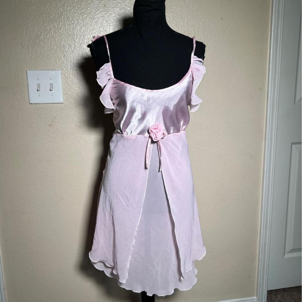 Vintage Y2K Pink Satin Fairy Ruffle Rose Midi Dress Womens Small Pink Slip Dress